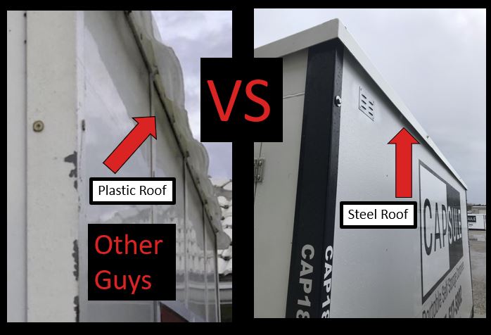 choose  moving service : Plastic roof vs CAPSUEL steel roof Capsule has better quality containers than pods, packrat, mibox, u hual or anyone else 
